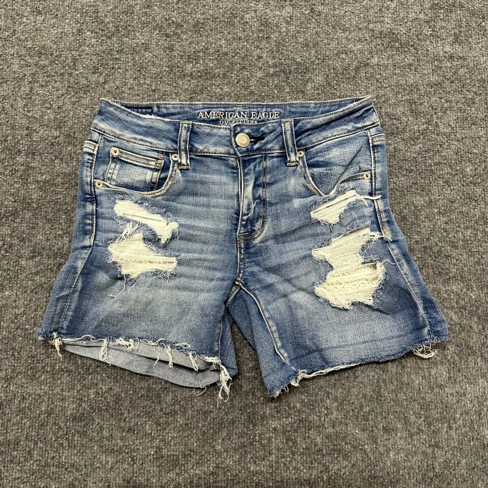 American Eagle Shorts Womens Size 8 Blue Viscose Blend Distressed Cut Off Denim